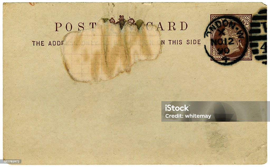 Damaged British Victorian postcard from 1890 "An old, damaged, blank British postcard sent in 1890. More Victoriana from my large portfolio." 1890 Stock Photo