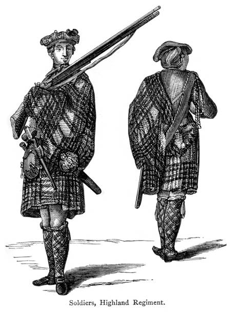 Soldiers of the Highland Regiment "Vintage engraving of soldiers of the Highland Regiment of the British Army, 18th Century" tartan army stock illustrations