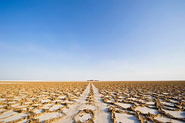 "A car track is leading into the Ass Ale salt lake in the Danakil Desert in Ethiopia. The Danakil Desert (or Danakil Depression) in the border-triangle between Ethiopia, Eritrea and Djibouti is one of the most remote and most extreme regions of the world - it is the lowest point in Africa (- 155 metres/-550 ft below sea level) and one of the hottest places on Earth. See my other images of the Danakil Desert in Ethiopia:"