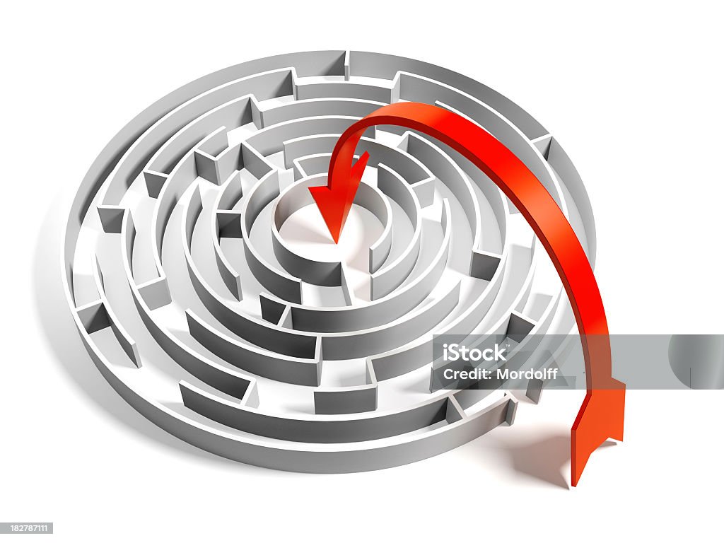 Abstract Circular Maze with easy way solution Red arrow going over labyrinth Maze. Concept of finding a way. Maze Stock Photo