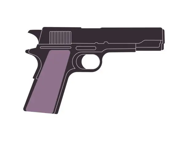 Vector illustration of black pistol weapon dangerous firearm for attack violence or defense handgun police and military gun