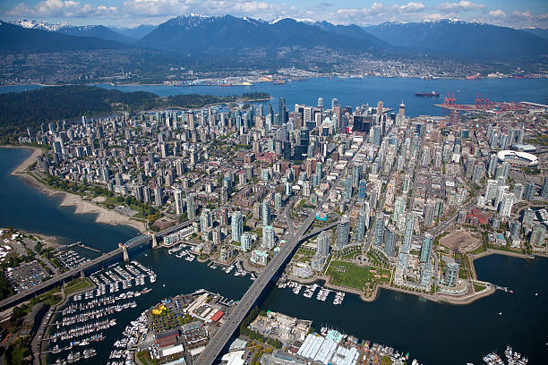 Downtown Vancouver Aerial View Aerial view of downtown Vancouver.  Photo is not shot through glass. false creek stock pictures, royalty-free photos & images
