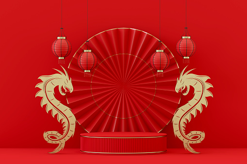Chinese New Year Dragon 2024, Empty Podium for Product Display. 3d Render.