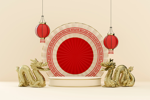 Chinese New Year Dragon 2024, Empty Podium for Product Display. 3d Render.