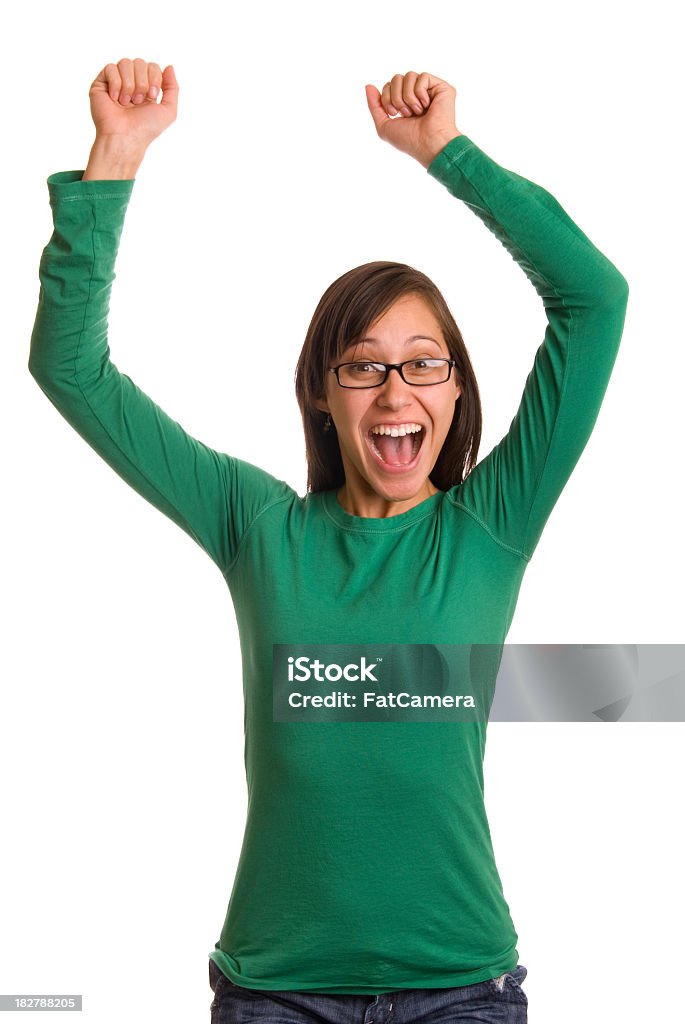 Excitement A young excited woman on a white background. 20-29 Years Stock Photo