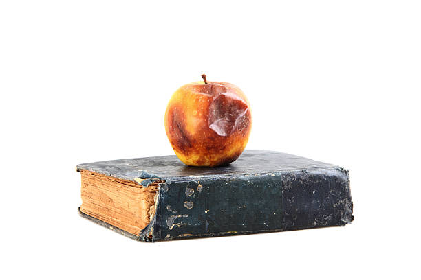 zgniłe jabłka na stare książki, przestarzałej systemu edukacji - apple rotting bad apple fruit zdjęcia i obrazy z banku zdjęć