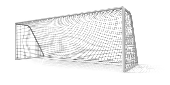 Three quarter view of a soccer net isolated on a white background.