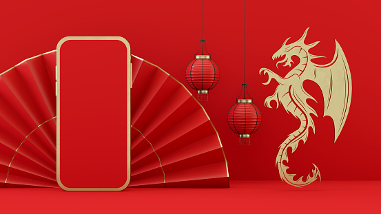 Chinese New Year Dragon 2024 Blank Screen Smart Phone. 3d render.