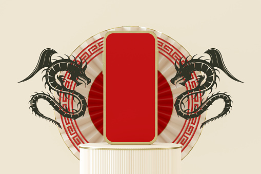 Chinese New Year Dragon 2024 Blank Screen Smart Phone. 3d render.