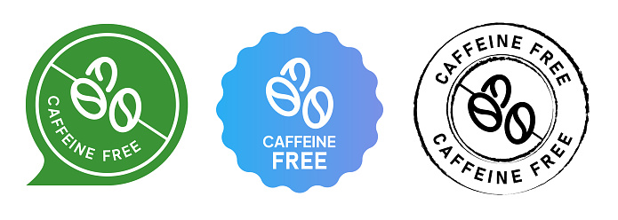 Caffeine free no coffee emblem tag circle set label rubber stamp collection in green blue gradient and black color vector