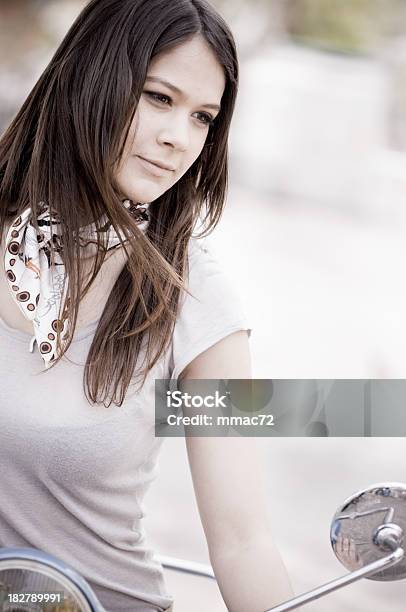 Beautiful Young Woman Standing On The Scooter Stock Photo - Download Image Now - 20-24 Years, Adult, Adults Only