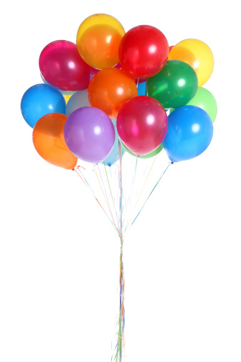 This is a photo of a bunch of colorful helium balloons isolated on a white background.Click on the links below to view lightboxes.