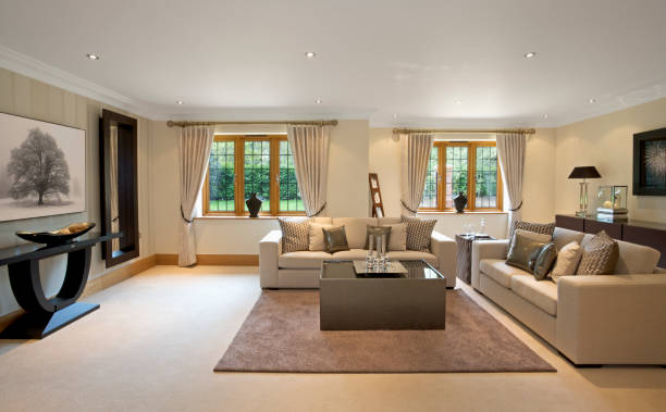 istock Large, model reception room in luxury home 182791261