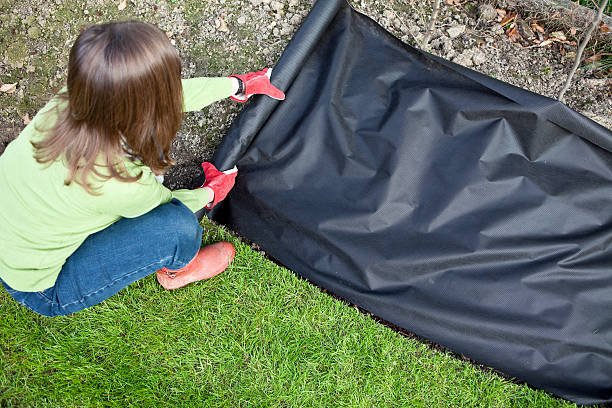 istock Gardener Laying Weed Protection Barrier Fabric 182791415