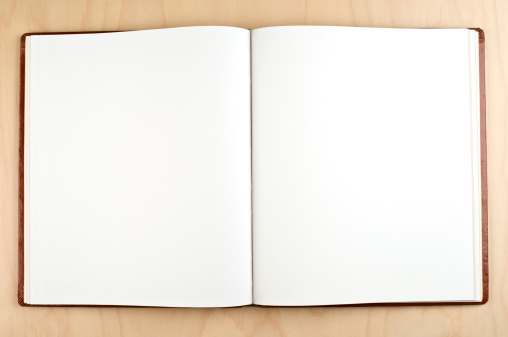 Open book with blank pages, white background