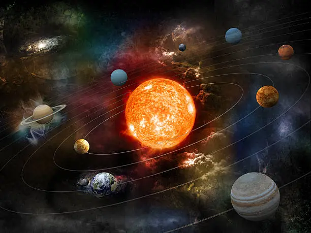 The sun and nine planets of our system orbiting. Clipping path included for the foreground objects.Opacity and bump textures for the earth and other planets map prepared via tracing images from www.nasa.gov.Earth texture:http://veimages.gsfc.nasa.gov/2431/land_ocean_ice_cloud_2048.jpgSimilar images: