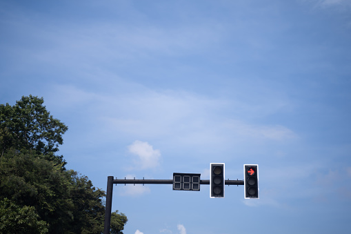 Traffic lights on the bright blue sky background.