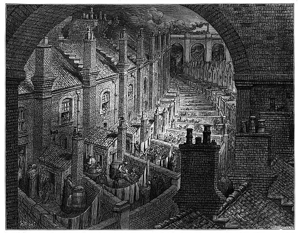 Victorian London Housing Vintage engraving showing a scene from 19th Century London England. Terraced Houses in Inner London circa 1870. paved yard stock illustrations