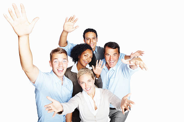 istock Cheerful executives waving out hands against white 182793262