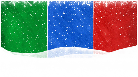 White colored snow and snowflakes over of a bright red, blue and green colored horizontal background. Can be used as Xmas , New Year celebrations background, wallpaper, gift wrapping sheet. Small glitter like or glittery dots shining here and there. There are three vertical stripes or bands dividing the illustration into three partitions or divisions.