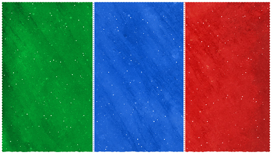 Bright red, blue and green colored horizontal background. Can be used as Xmas , New Year celebrations background, wallpaper, gift wrapping sheet. Small glitter like or glittery dots shining here and there. There are three vertical stripes or bands dividing the illustration into three partitions or divisions.