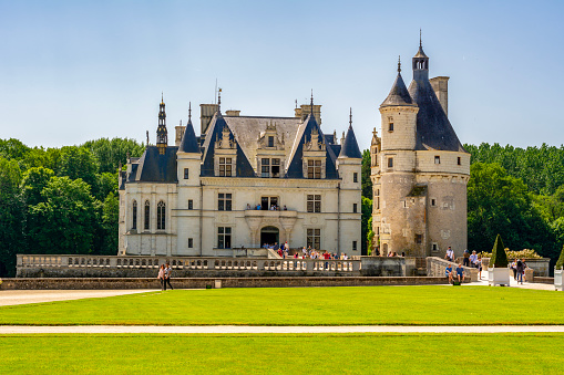 Chenonceau, France - May 2019: Chenonceau castle (Chateau de Chenonceau) on Cher river in Loire valley