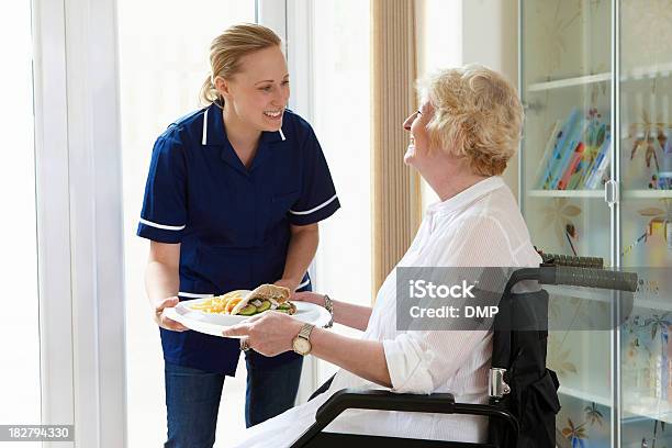 Krankenschwester Die Mahlzeit Zu Senior Frau Im Rollstuhl Stockfoto und mehr Bilder von Alter Erwachsener