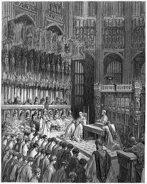 Victorian London - Westminster Confirmation Vintage engraving showing a scene from 19th Century London England.  Confirmation of the Westminster Boys at Westminster Abbey. anglican stock illustrations