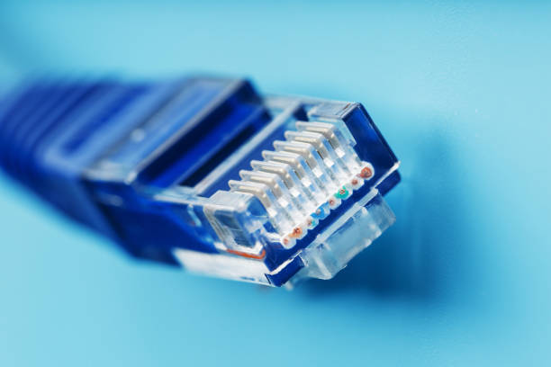 istock Ethernet Cable connector Patch cord cord close-up on a blue background with free space 1827954674