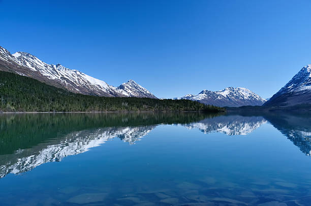 Scenic view of Turnagain Arm waterway in Alaska "An image of the Turnagain Arm near Anchorage, Alaska. THe Chugach Mountains reflect in the still waters against a cloudless blue sky." chugach mountains photos stock pictures, royalty-free photos & images