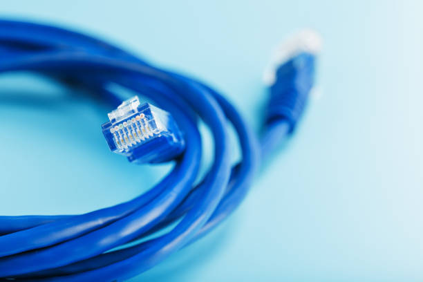 istock Two Ethernet Cable Connectors Patch cord cord close-up isolated on a blue background with free space 1827957257
