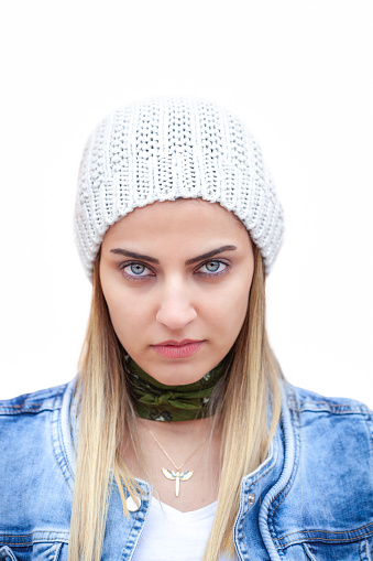 Portrait of a Beautiful Autumn Woman with beret isolated on white.