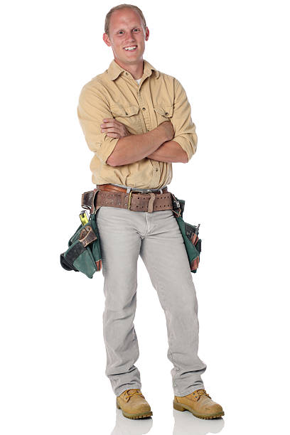 hombre con cinturón de herramientas - construction worker building contractor craftsperson full length fotografías e imágenes de stock