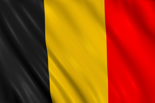 3D soccer ball with the flag of Belgium on grey background