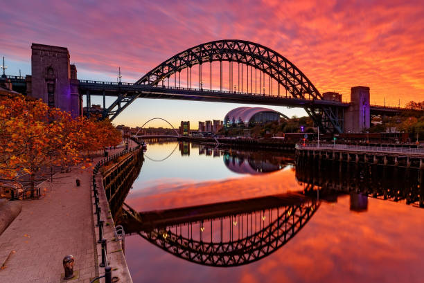 Newcastle-upon-Tyne cityscape, showing the Gateshead Millennium bridge, the Tyne Bridge and the Sage Gateshead.