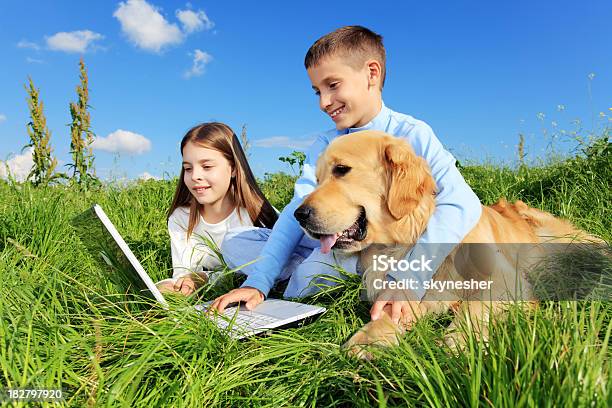 Kinder Mit Hund Ruhen Auf Der Wiese Stockfoto und mehr Bilder von Bildung - Bildung, Blau, Computer