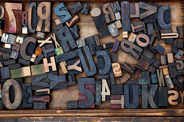 Random Letterpress Colorful used Letterpress wooden blocks. printing plate photos stock pictures, royalty-free photos & images