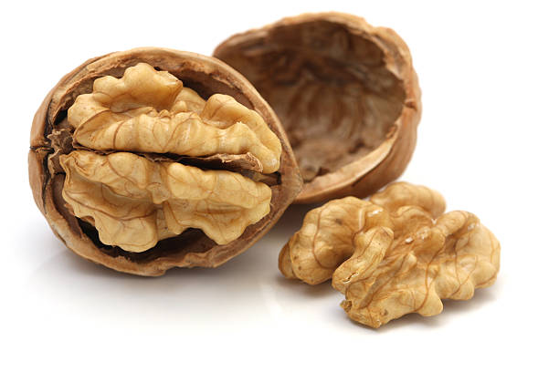 грецкие орехи изолированные на белом фоне - walnut стоковые фото и изображения
