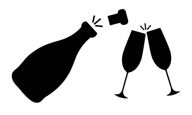 illustrazioni stock, clip art, cartoni animati e icone di tendenza di silhouette nera di una bottiglia di champagne e due bicchieri isolati su sfondo bianco, illustrazione vettoriale - computer icon symbol cork wine