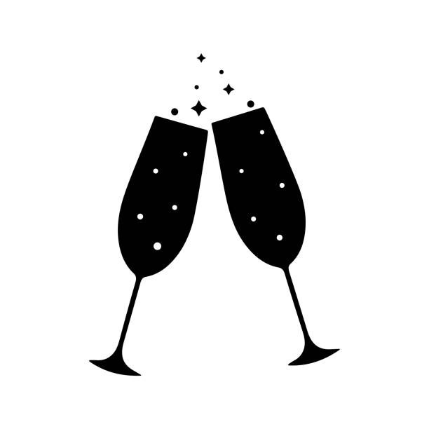 zwei gläser champagner klirren gläser silhouettensymbol isoliert auf weißem hintergrund, vektorillustration - toast party silhouette people stock-grafiken, -clipart, -cartoons und -symbole