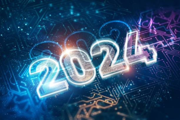 istock 2024 cyberpunk digits shining on circuit board wire lines over dark blue background design. High technology new 2024 year greeting card concept 1827988276