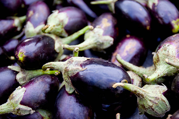aubergine frais à farmers market - italian eggplant photos et images de collection