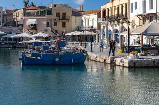 Rethymno, Greece - September 25. 2019. Fishing boats in Venetian harbor in Rethymno, Crete
