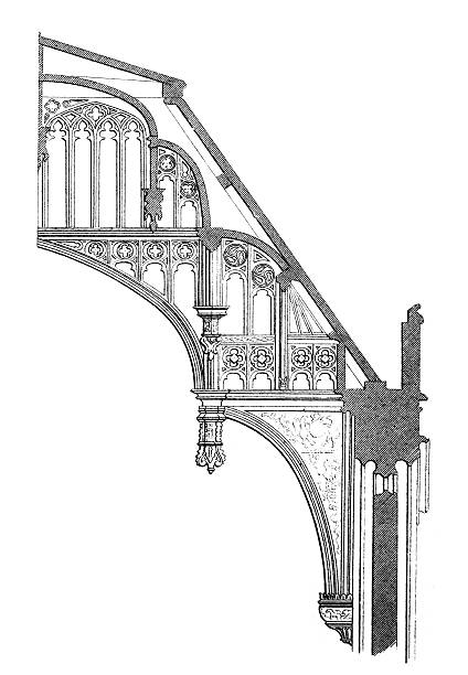 19th century engraving, section of a flying buttress at Hamp "photographed from a book titled the 'National Encyclopedia', published in London in 1881. Copyright has expired on this artwork. Digitally restored." hampton court palace stock illustrations