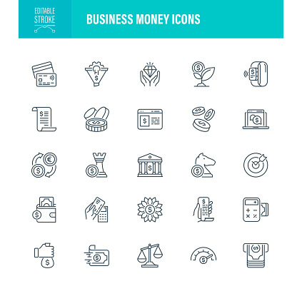 Business Money Icon Set, Editable Stroke. Contains such icons as Currency, Price, Paying, Cash Back - Financial Transaction, Banking, Coin, Savings