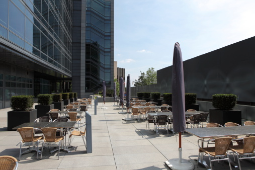 Modern building with chairs and tables