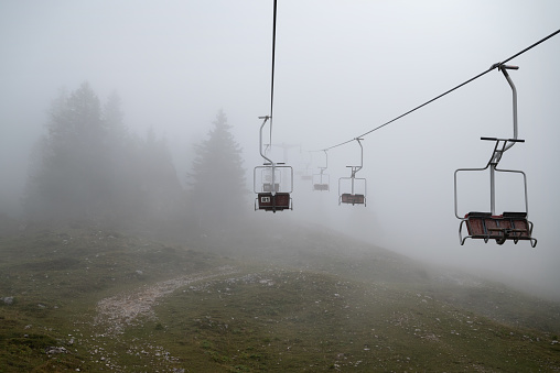 Open Cable car in foggy weather