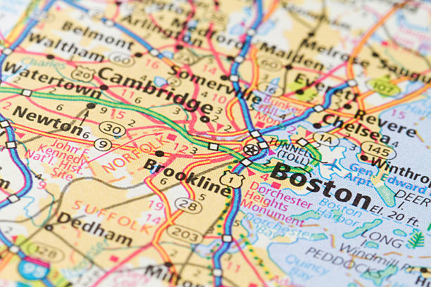 Close-up of a map of Boston, Massachusetts Boston, Massachusetts on the map. massachusetts map stock pictures, royalty-free photos & images