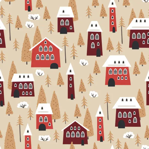 Vector illustration of Christmas seamless pattern with winter houses, trees and other elements.
