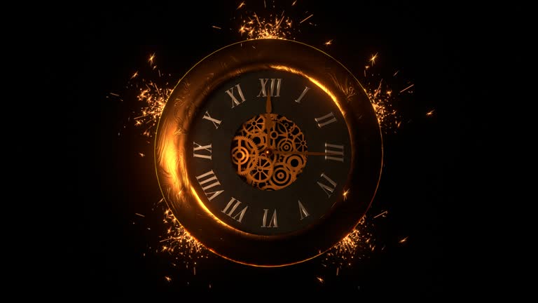 Vintage clock shows endless Christmas or New Year midnight with bengal lights and fireworks on black background 3D 4K animation